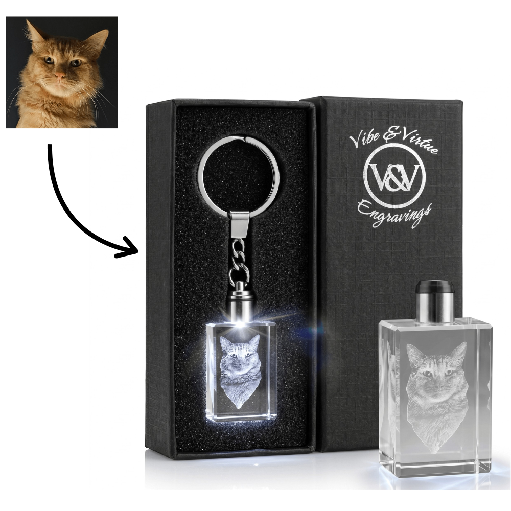 Vibe & Virtue Personalized 3D Crystal Photo Keychain - Custom Laser Engraved Picture Keyring with Multicolor LED Light, K9 Optical Glass Memorial Gift for Pet Lovers, Couples, Family, Premium Gift Box