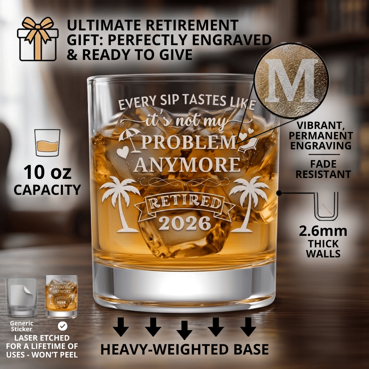 Vibe & Virtue Laser Engraved "Retired 2026" Whiskey Glass – Funny Retirement Gift