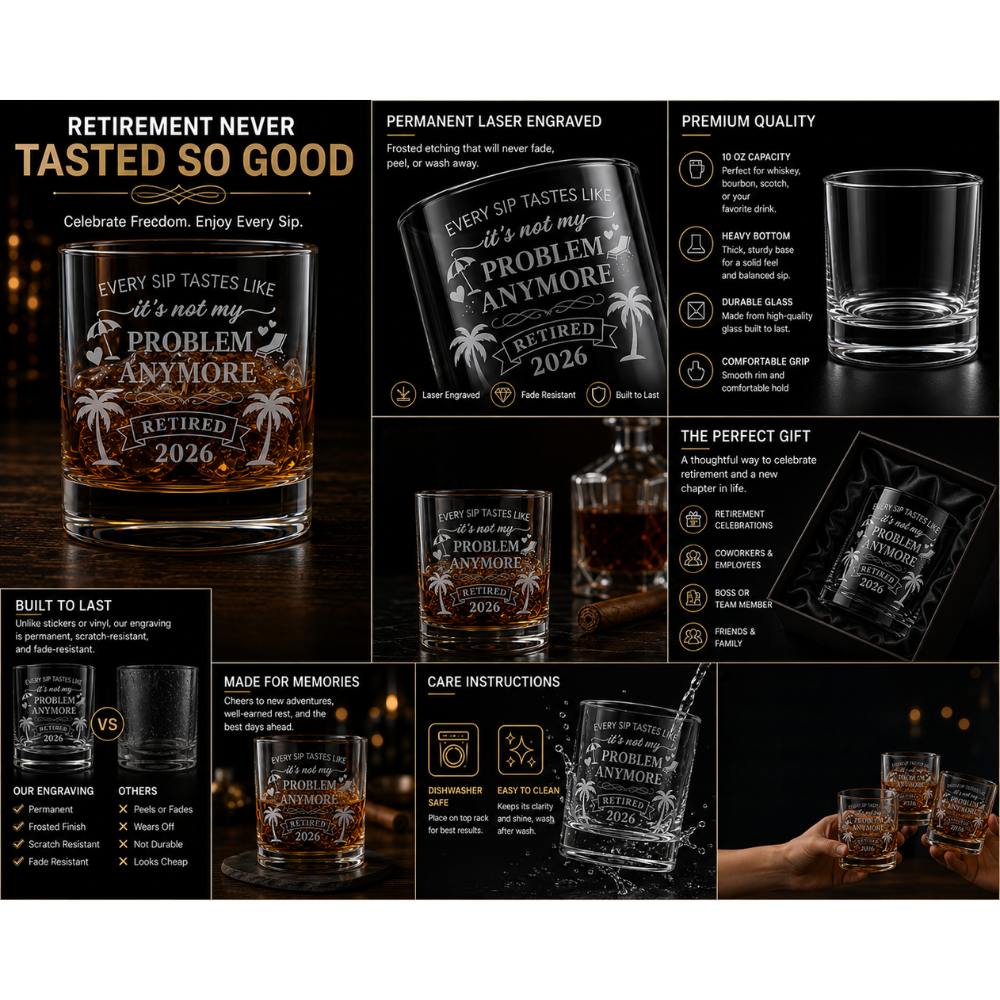 Vibe & Virtue Laser Engraved "Retired 2026" Whiskey Glass – Funny Retirement Gift