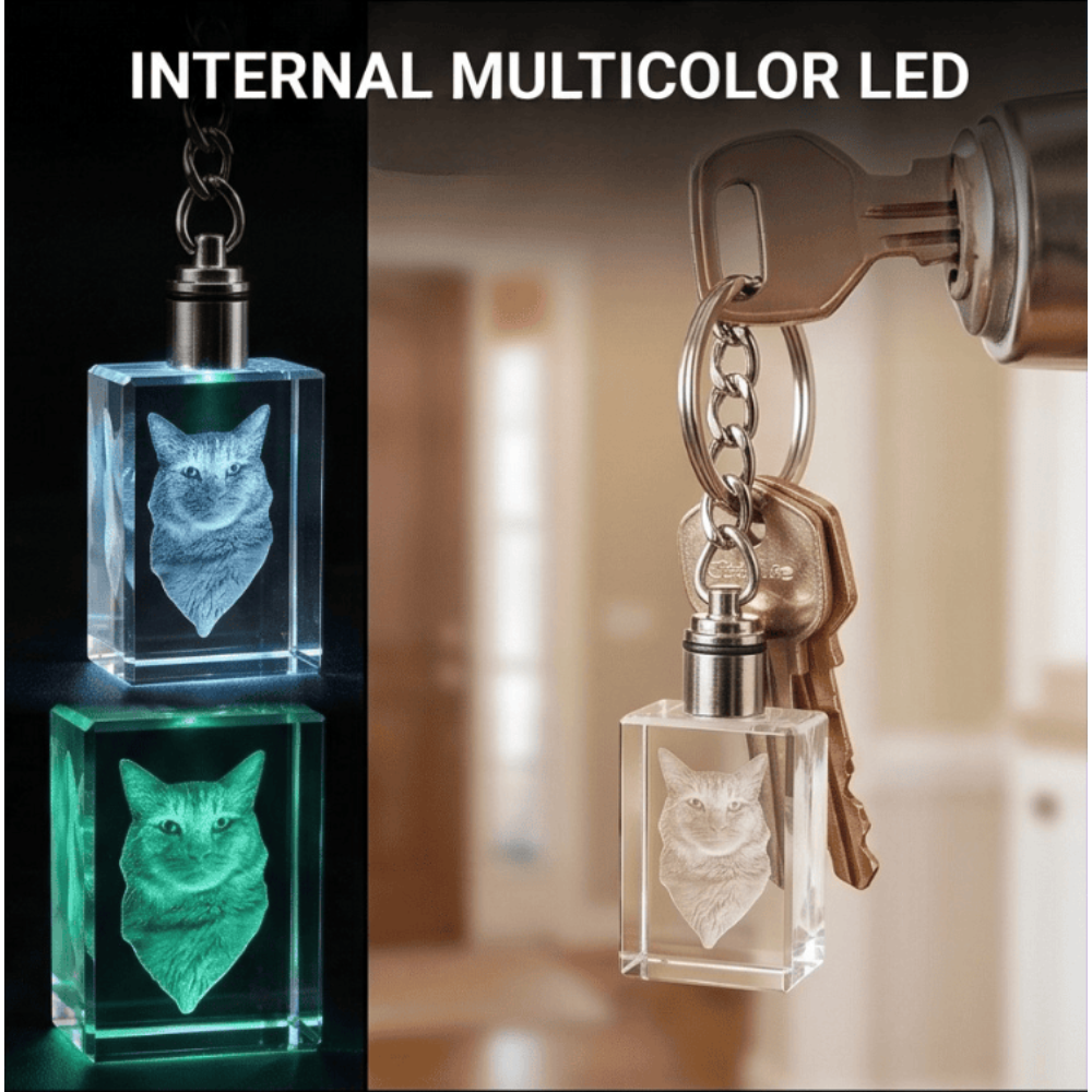 Vibe & Virtue Personalized 3D Crystal Photo Keychain - Custom Laser Engraved Picture Keyring with Multicolor LED Light, K9 Optical Glass Memorial Gift for Pet Lovers, Couples, Family, Premium Gift Box