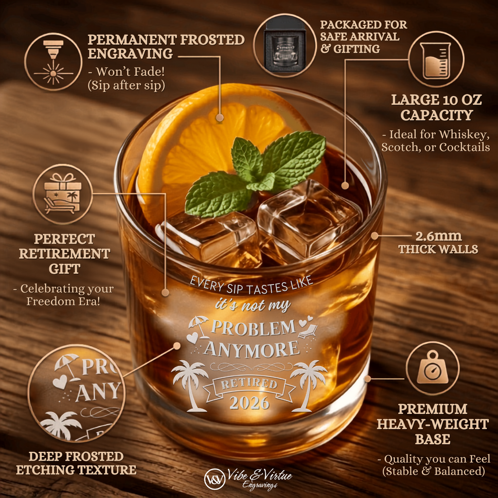 Vibe & Virtue Laser Engraved "Retired 2026" Whiskey Glass – Funny Retirement Gift