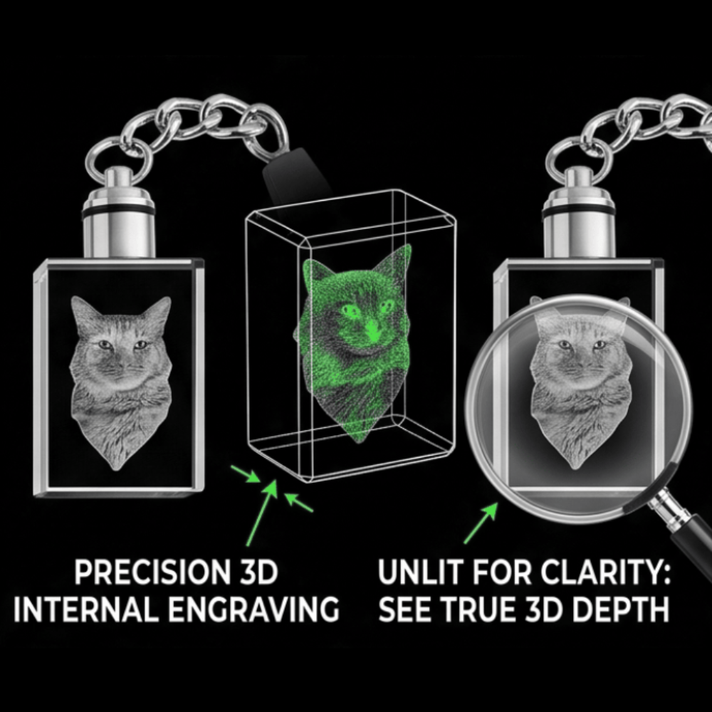 Vibe & Virtue Personalized 3D Crystal Photo Keychain - Custom Laser Engraved Picture Keyring with Multicolor LED Light, K9 Optical Glass Memorial Gift for Pet Lovers, Couples, Family, Premium Gift Box