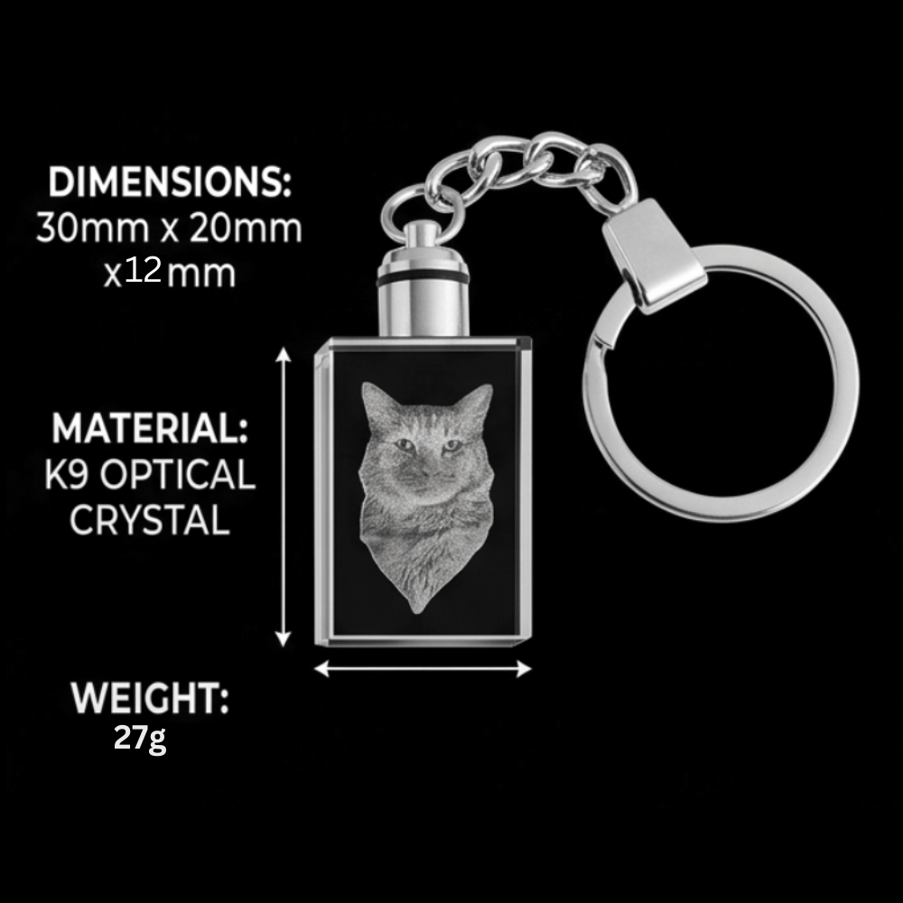 Vibe & Virtue Personalized 3D Crystal Photo Keychain - Custom Laser Engraved Picture Keyring with Multicolor LED Light, K9 Optical Glass Memorial Gift for Pet Lovers, Couples, Family, Premium Gift Box