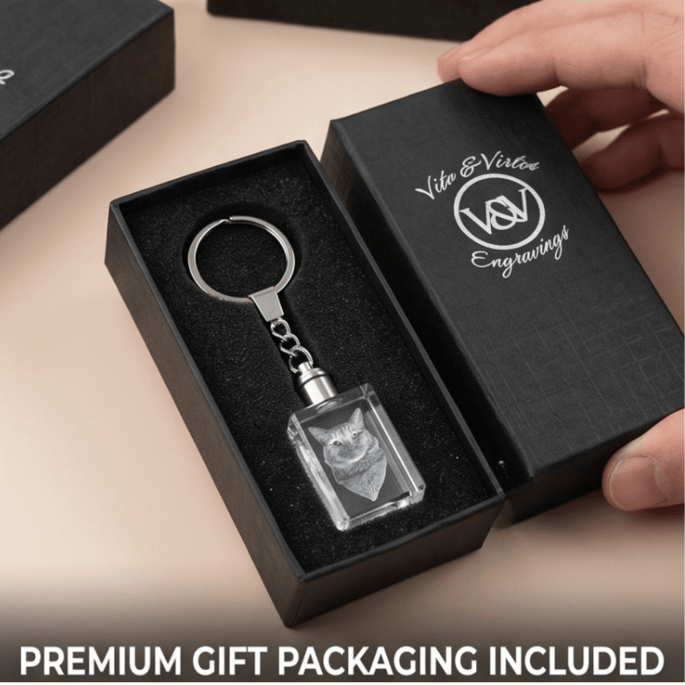 Vibe & Virtue Personalized 3D Crystal Photo Keychain - Custom Laser Engraved Picture Keyring with Multicolor LED Light, K9 Optical Glass Memorial Gift for Pet Lovers, Couples, Family, Premium Gift Box