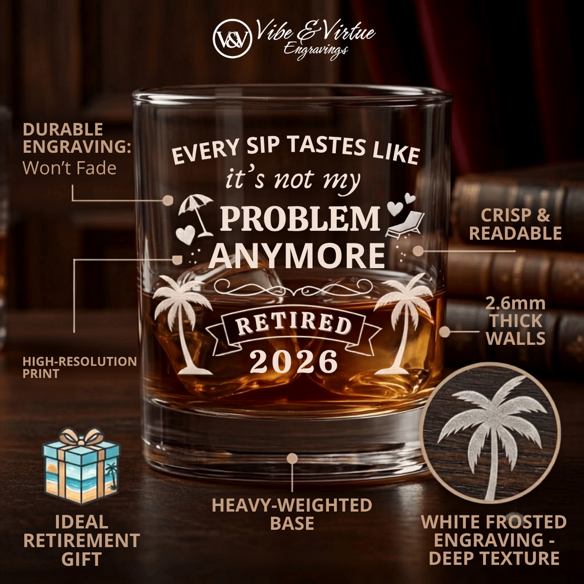 Vibe & Virtue Laser Engraved "Retired 2026" Whiskey Glass – Funny Retirement Gift