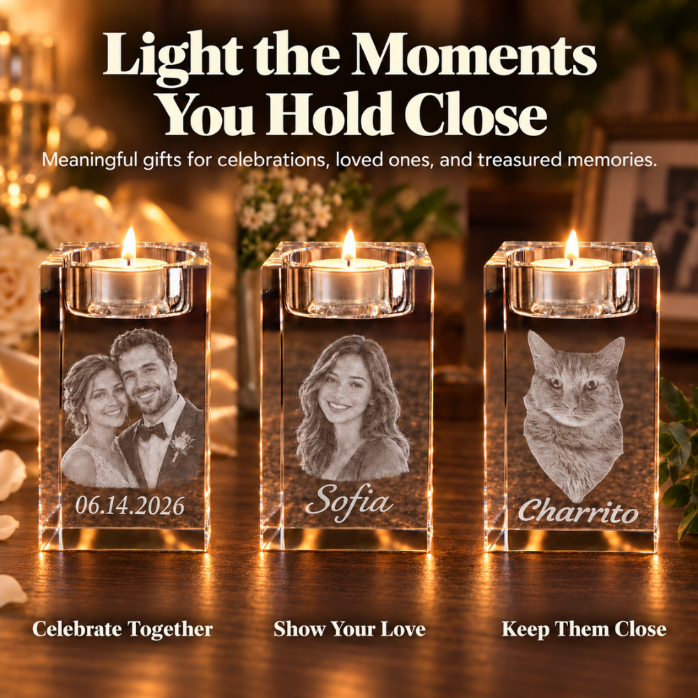 Personalized 3D laser engraved crystal tealight candle holders with custom couple portrait, solo portrait, and pet memorial photo