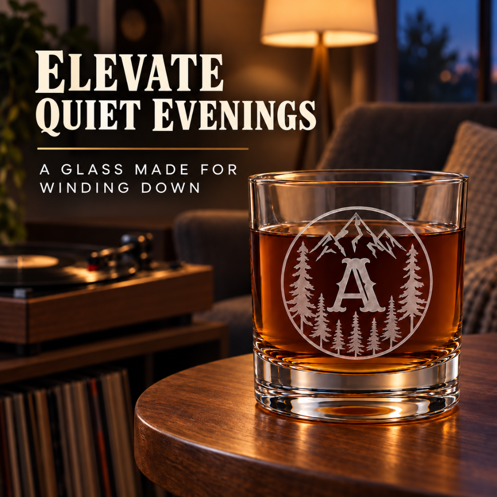 V&V Personalized Mountain Whiskey Glass 10 oz - Custom Monogram Bourbon Tumbler