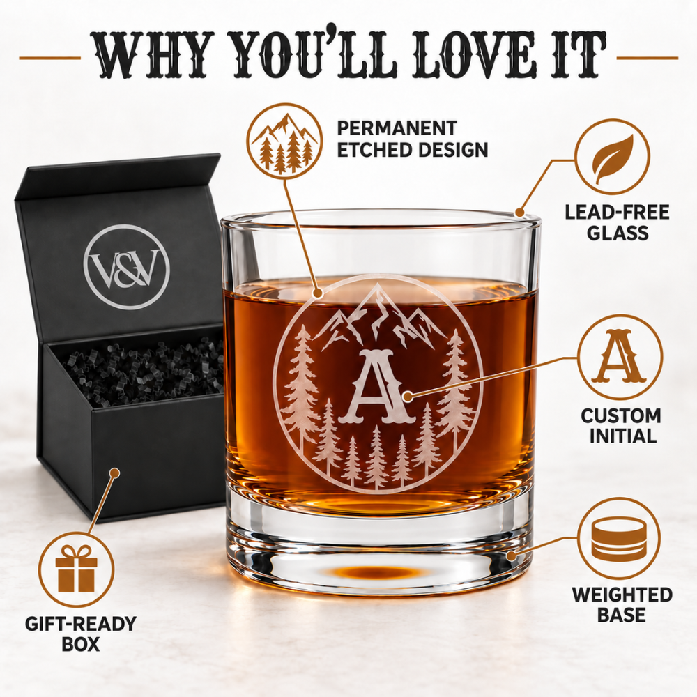 V&V Personalized Mountain Whiskey Glass 10 oz - Custom Monogram Bourbon Tumbler