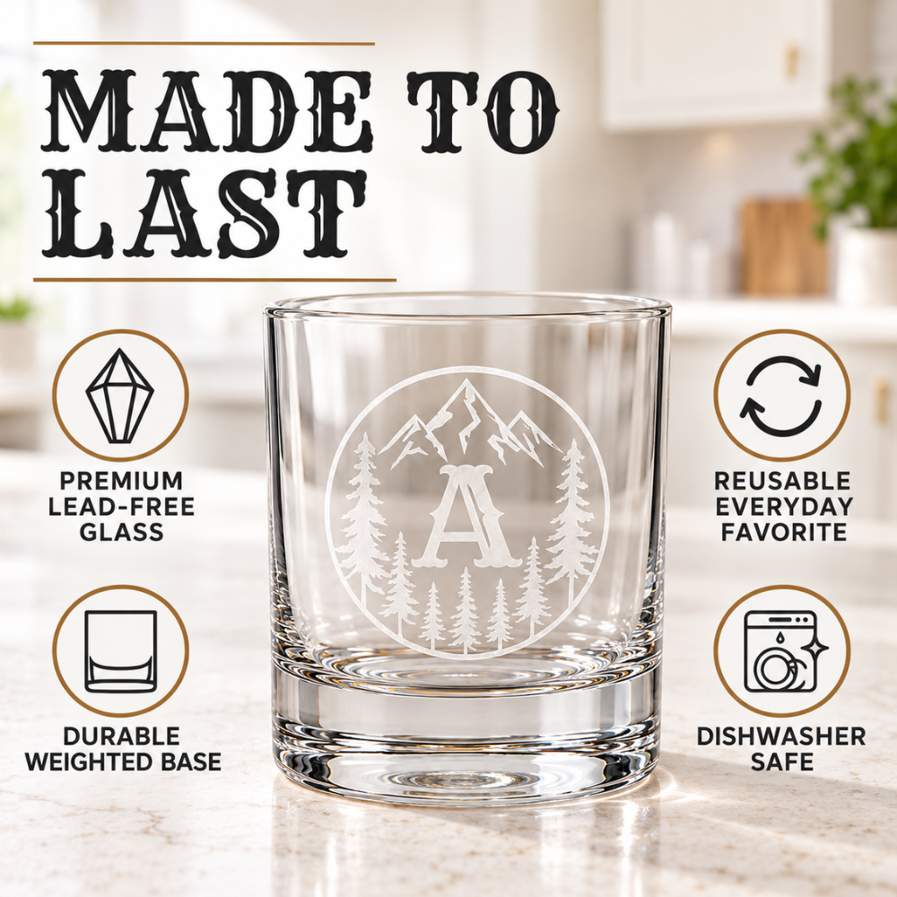 V&V Personalized Mountain Whiskey Glass 10 oz - Custom Monogram Bourbon Tumbler
