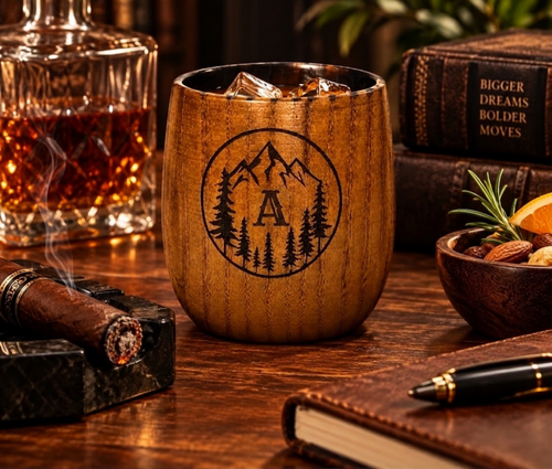 Personalized Charred Wood Bourbon Cup 10 oz - Custom Laser Engraved Wooden Whiskey Glass Tumbler - Unique Gifts for Bourbon Drinkers, Men, Retirement, Birthday, Anniversary, Father’s Day