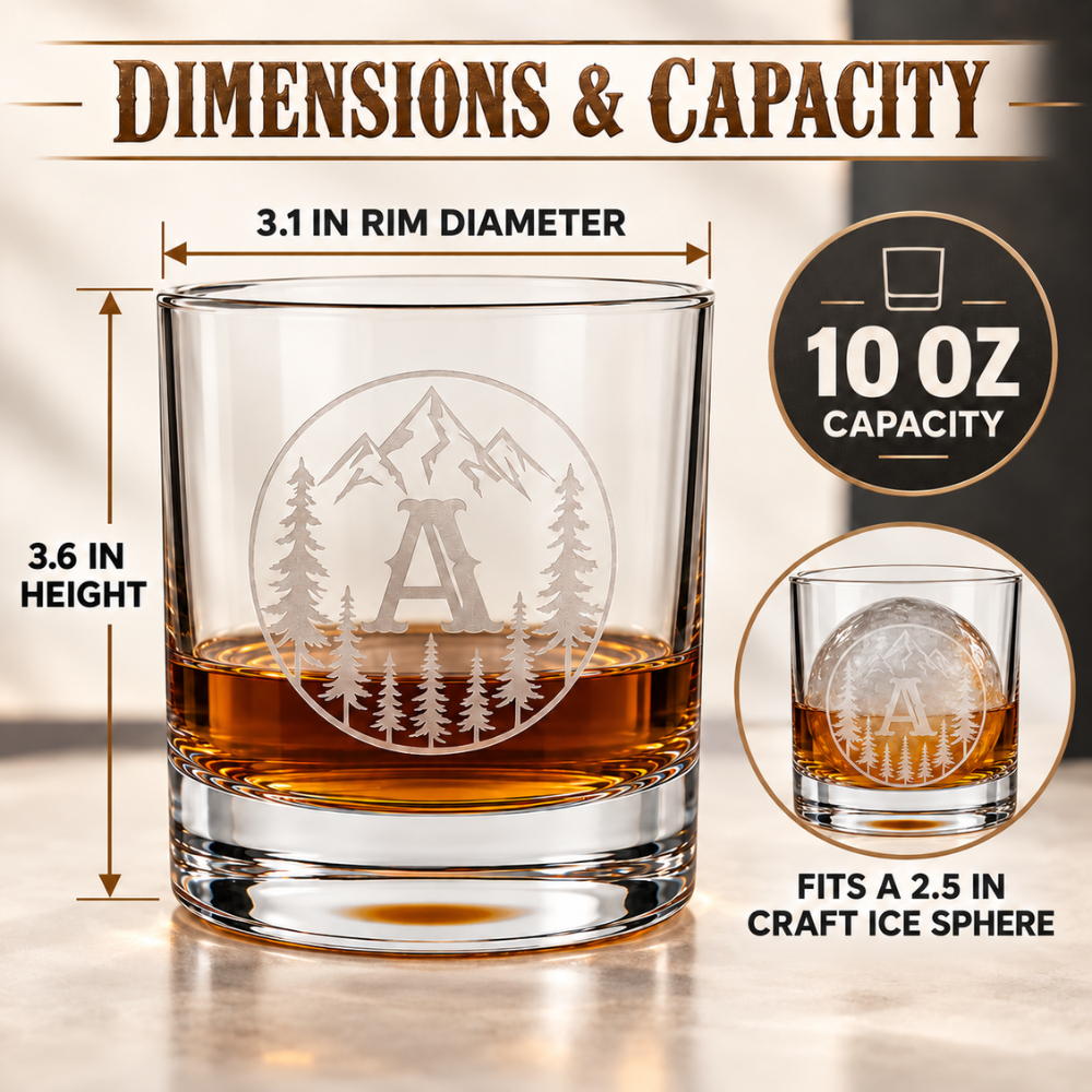V&V Personalized Mountain Whiskey Glass 10 oz - Custom Monogram Bourbon Tumbler