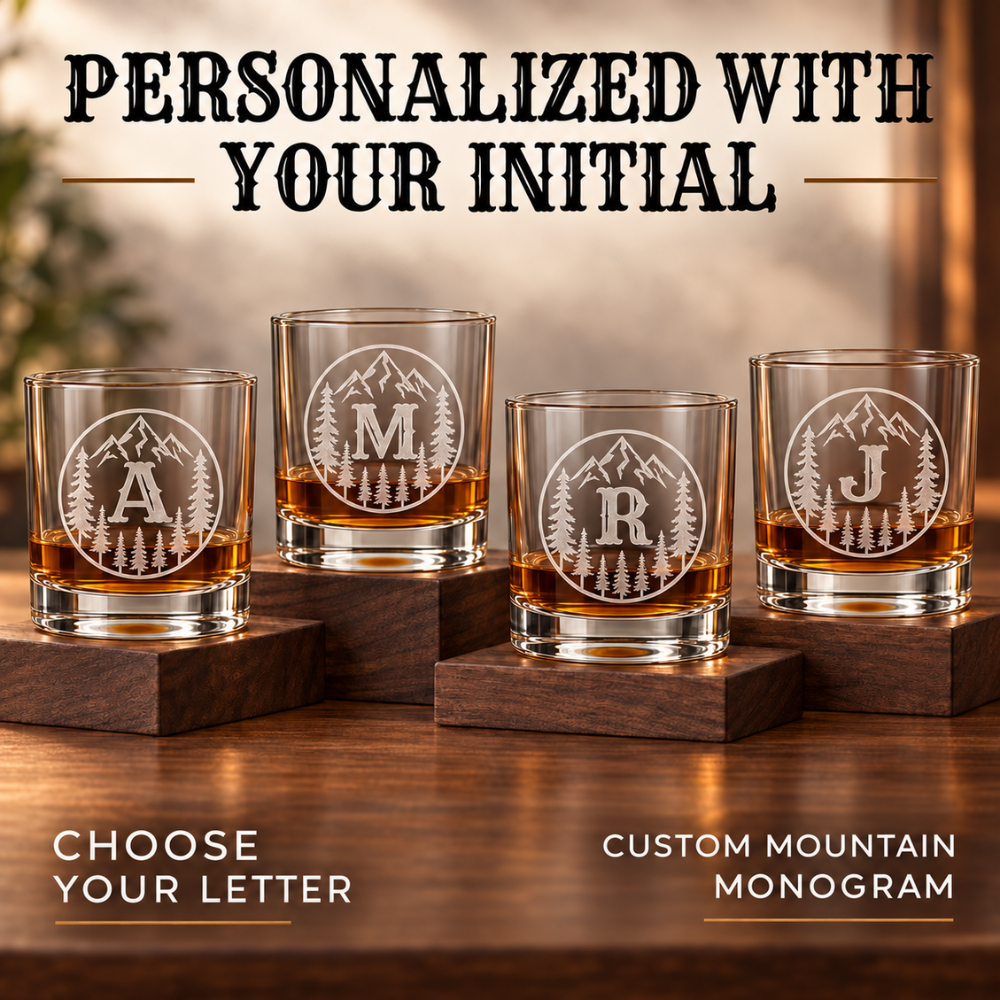 V&V Personalized Mountain Whiskey Glass 10 oz - Custom Monogram Bourbon Tumbler