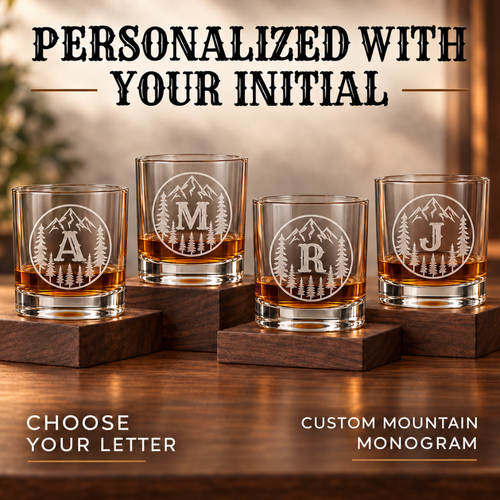 V&V Personalized Mountain Whiskey Glass 10 oz - Custom Monogram Bourbon Tumbler
