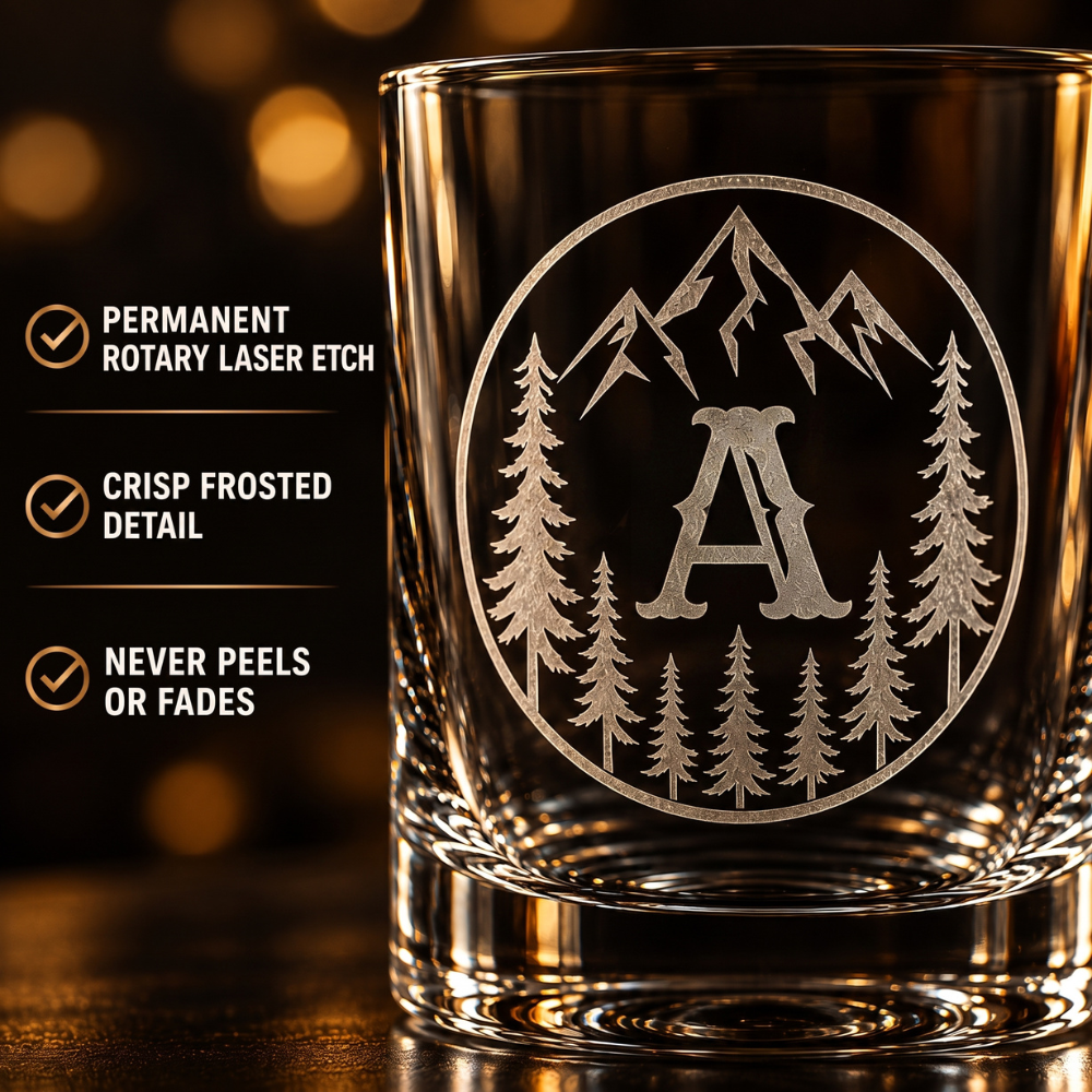 V&V Personalized Mountain Whiskey Glass 10 oz - Custom Monogram Bourbon Tumbler