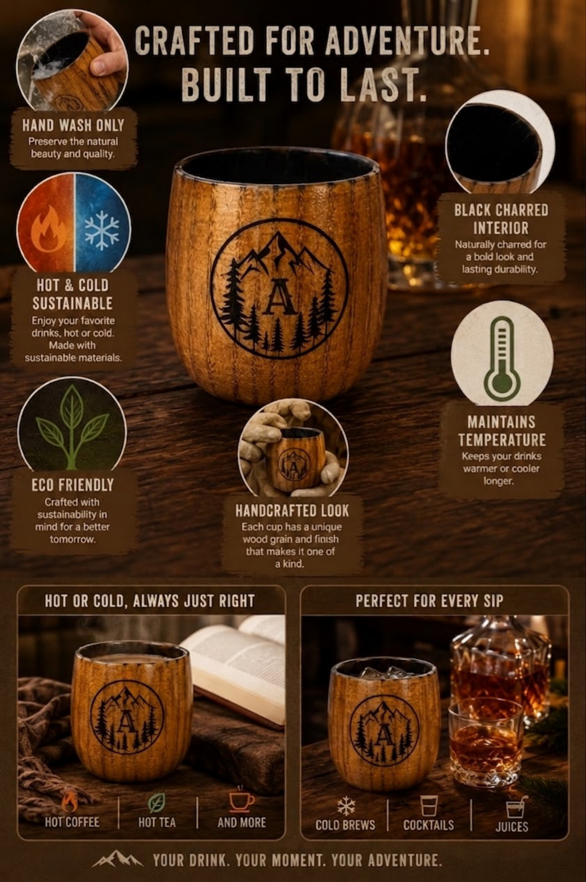 Personalized Charred Wood Bourbon Cup 10 oz - Custom Laser Engraved Wooden Whiskey Glass Tumbler - Unique Gifts for Bourbon Drinkers, Men, Retirement, Birthday, Anniversary, Father’s Day