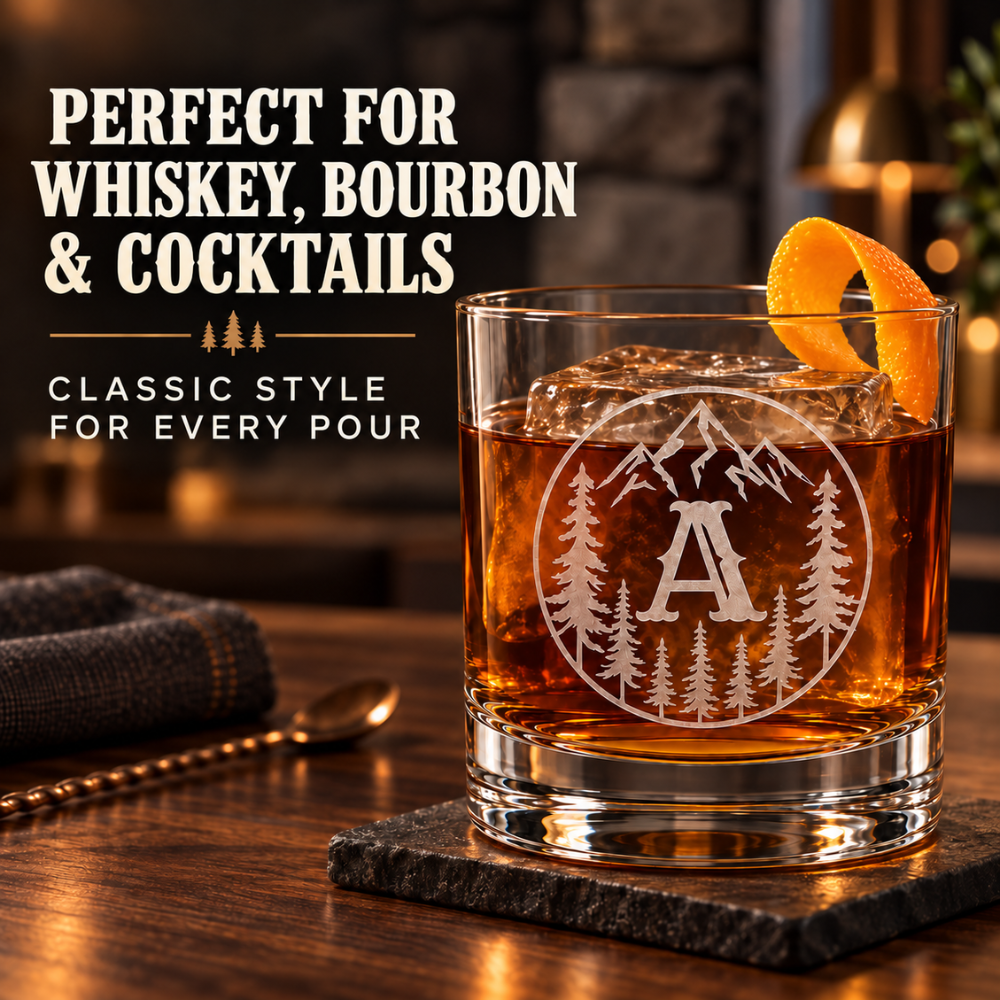 V&V Personalized Mountain Whiskey Glass 10 oz - Custom Monogram Bourbon Tumbler