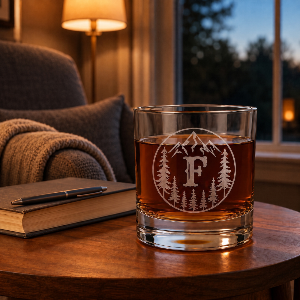 Personalized Mountain Monogram Whiskey Glass (10 oz)