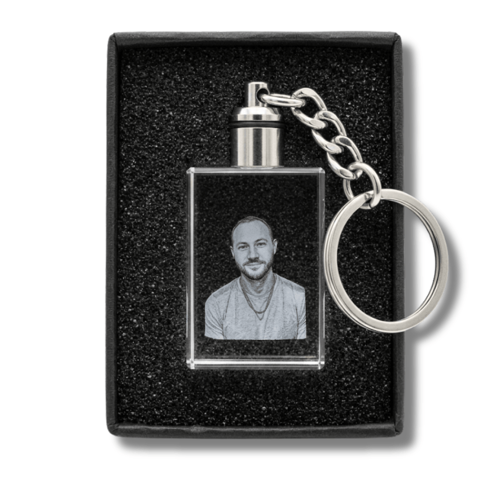 Vibe & Virtue Personalized 3D Crystal Photo Keychain - Custom Laser Engraved Picture Keyring with Multicolor LED Light, K9 Optical Glass Memorial Gift for Pet Lovers, Couples, Family, Premium Gift Box