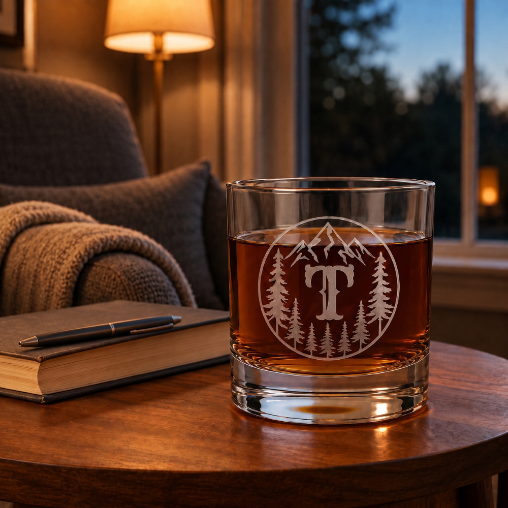 Personalized Mountain Monogram Whiskey Glass (10 oz)