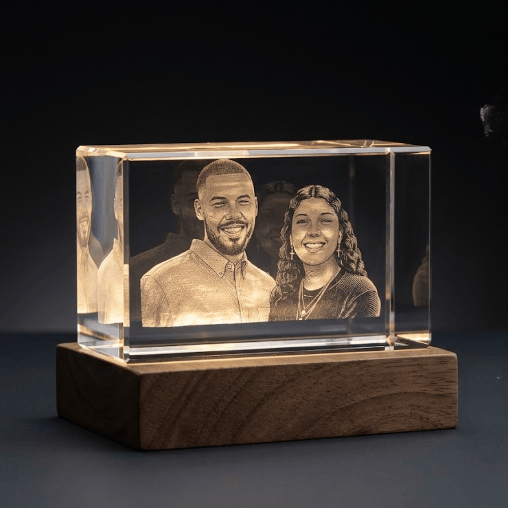 Personalized 3D Crystal Photo with Light Base, Custom Sub-Surface Laser Engraved K9 Crystal Picture Cube, 3.1 x 1.9 In Etched Glass Keepsake Memorial Gift for Couples, Anniversary, Wedding, Birthday