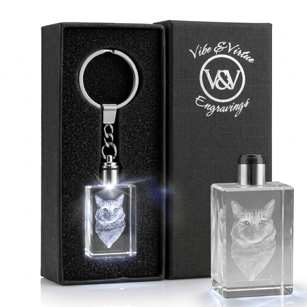 Vibe & Virtue Personalized 3D Crystal Photo Keychain - Custom Laser Engraved Picture Keyring with Multicolor LED Light, K9 Optical Glass Memorial Gift for Pet Lovers, Couples, Family, Premium Gift Box