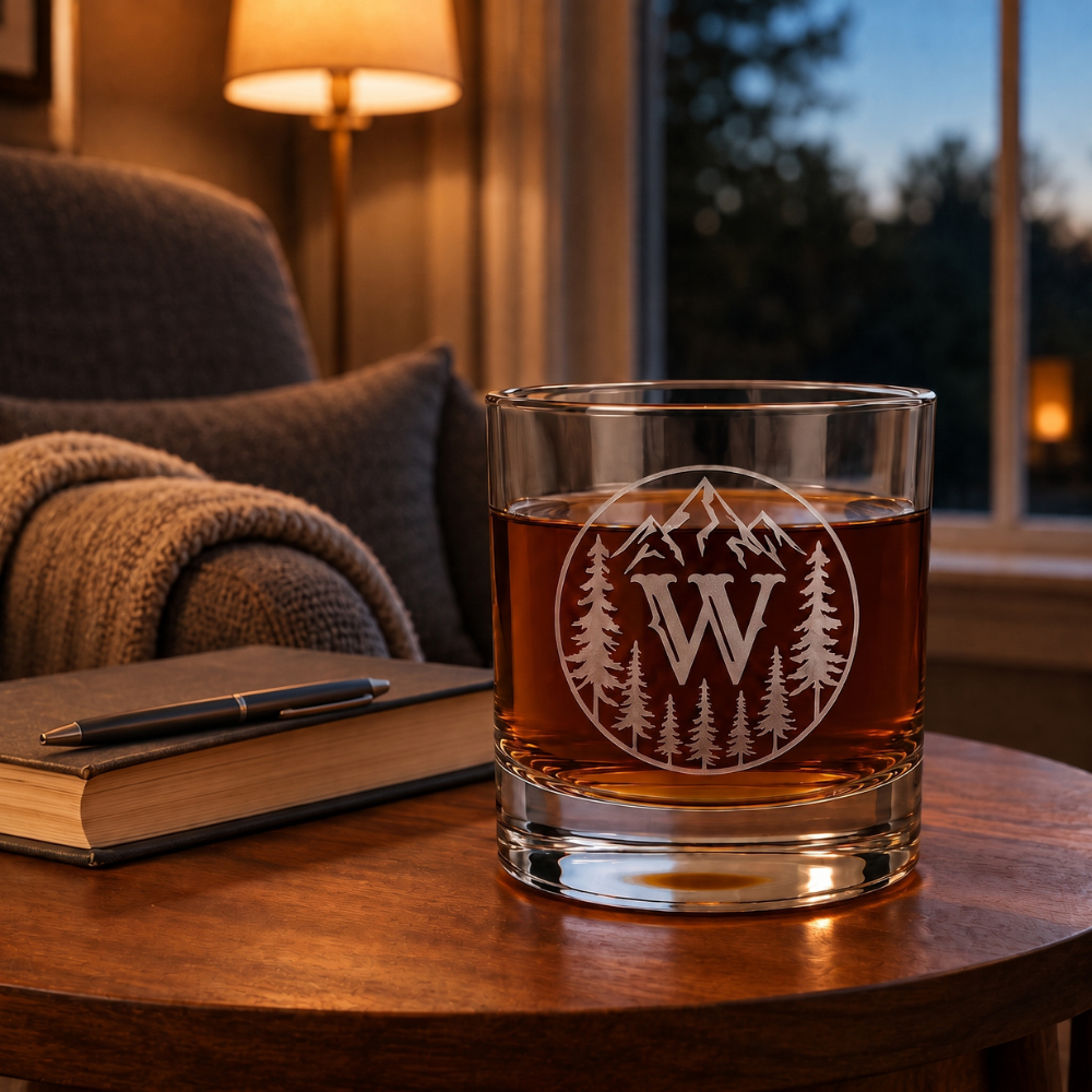 Personalized Mountain Monogram Whiskey Glass (10 oz)